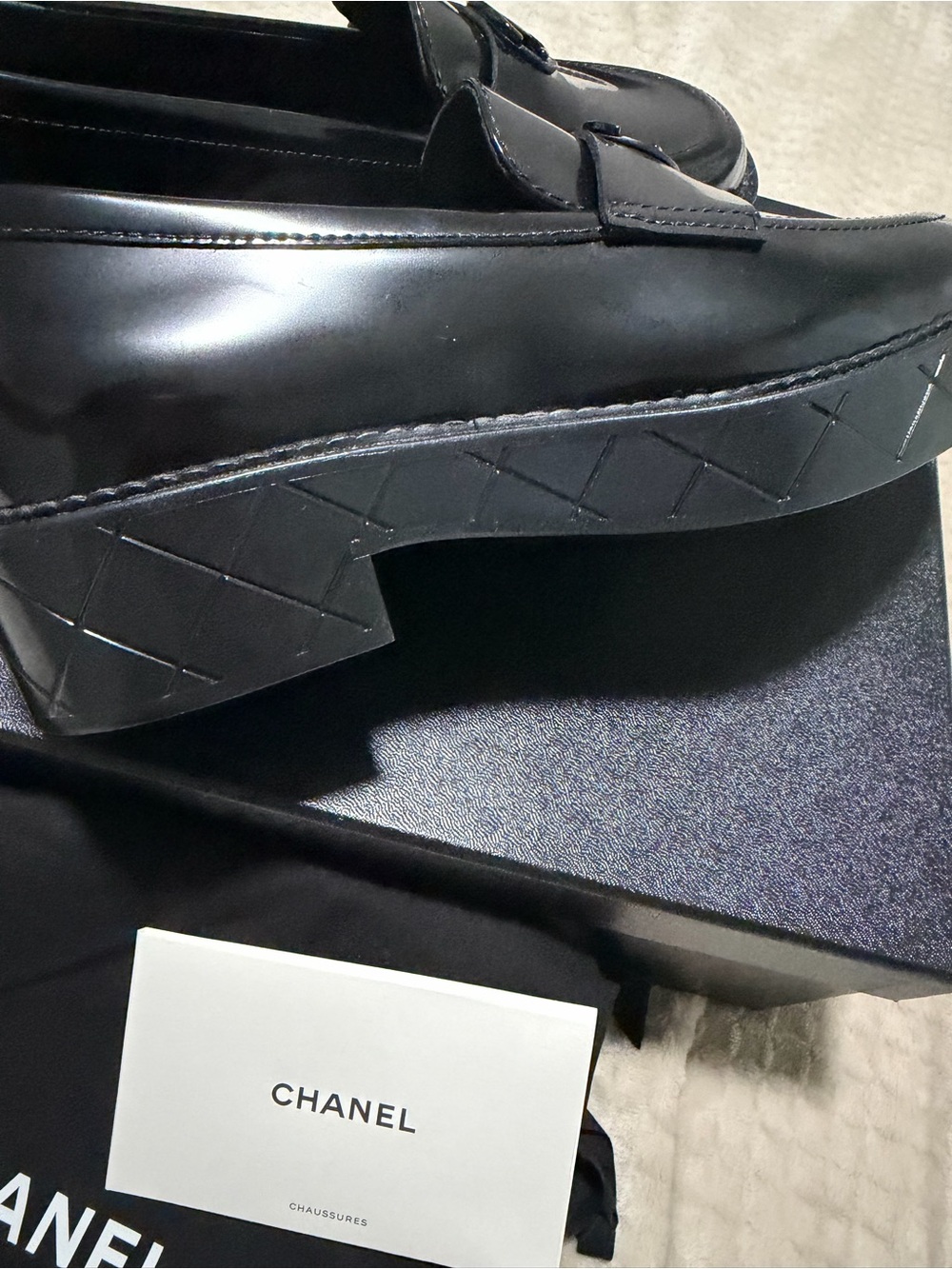 CHANEL Shiny Crumpled Calfskin Loafers - Picture 3 of 5